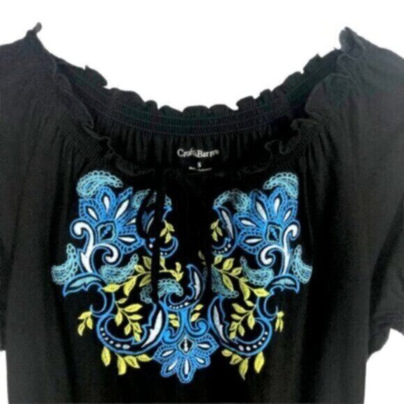 Croft & Barrow | Blue Embroidery Tie Neck Short Sleeve Top Size Small - Picture 3 of 9